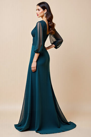 Blue A Line Chiffon Mother of the Bride Dress with 3/4 Sleeves